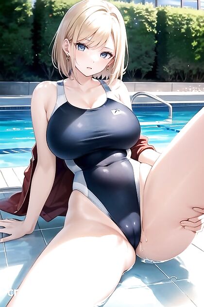 Android 18 Spreads Wide in Tight Competition Swimsuit by the Sparkling Pool