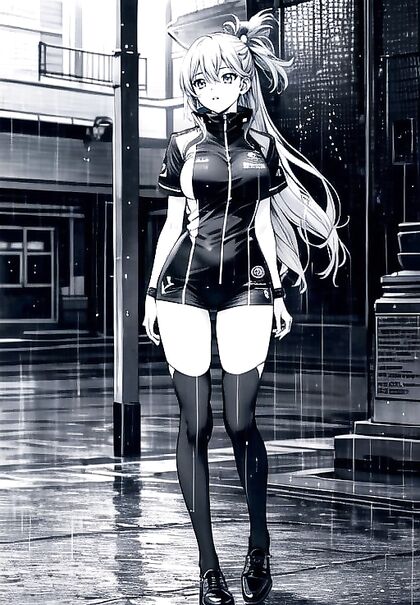 Raining Full-Body Black and White Manga Hentai Images