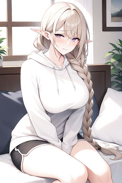 White-Haired Elf with One Long Braid Pleasures Herself in Seductive Hentai Images