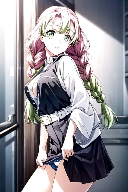 Mitsuri Kanroji in Seductive Lingerie Pulling Down Her Panties for Steamy Hentai Pleasure
