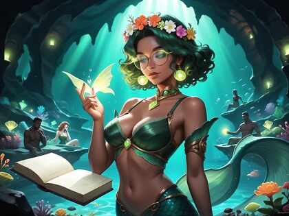 Curvy Brunette Explores Erotic underwater library in steamy hentai Images