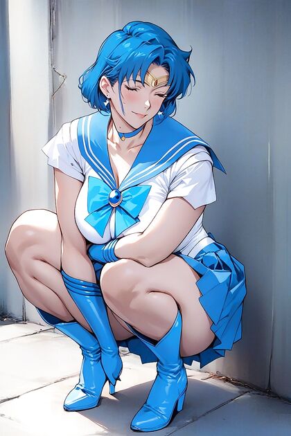Mizuno Ami Wears Knee-High Blue Boots for Steamy MILF Hentai Picture