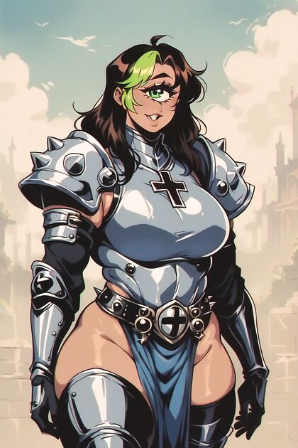 Multi-Colored Hair Babe in Armored Boots Stands Seductively in Hentai AI Picture