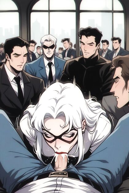 Black Cat from Marvel Seduces in Black Mask and Red Lips Amidst Crowds in Hentai AI Picture
