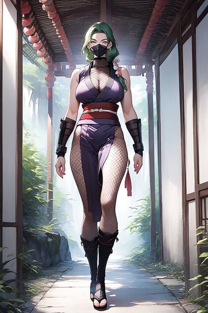 Long Green Hair Beauty with Natural Saggy Boobs Bound Low for Perfect Hentai Pleasure