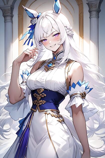 Mischievous White-Haired Beauty Smiles and Blushes in Hot Hentai Picture