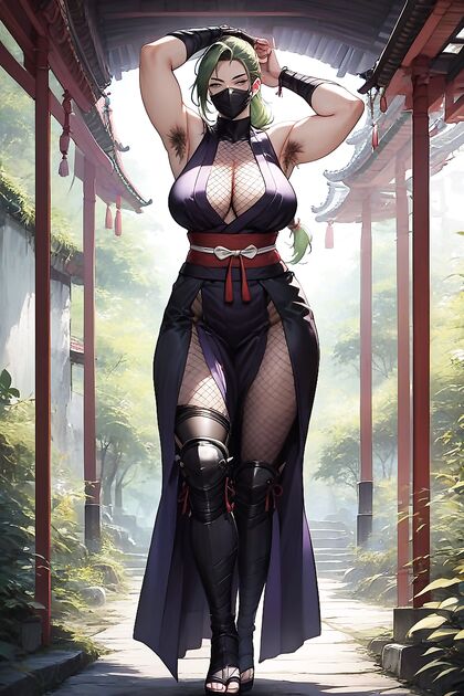 Sensual Curvy Babe in Black Ninja Mask with Natural Underarms Enjoying Hentai Pleasure
