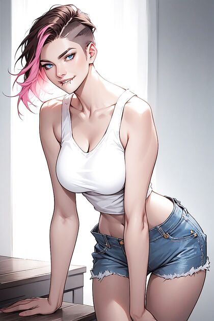 Brunette with Pink Highlights Wears Jacket for Naughty Hentai Adventures