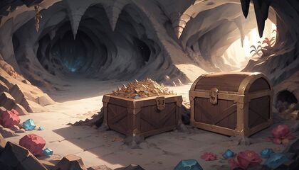 Naked Elf Emerging from Treasure Chest in Cave for naughty Hentai Fun, 18+