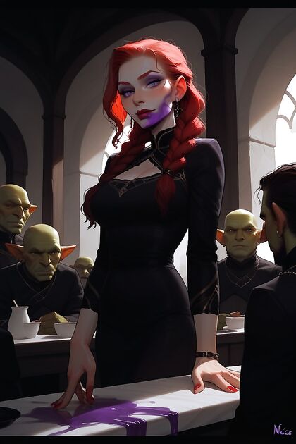Incense Style, Girl 18+ with Purple Hair and Two Braids Wears Black Dress forSTEAMY Hentai Images