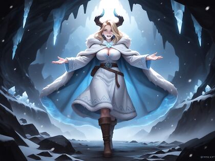 Monster Woman Spreads Her Arms in a White Fur Hooded Cape for Steamy Hentai Picture