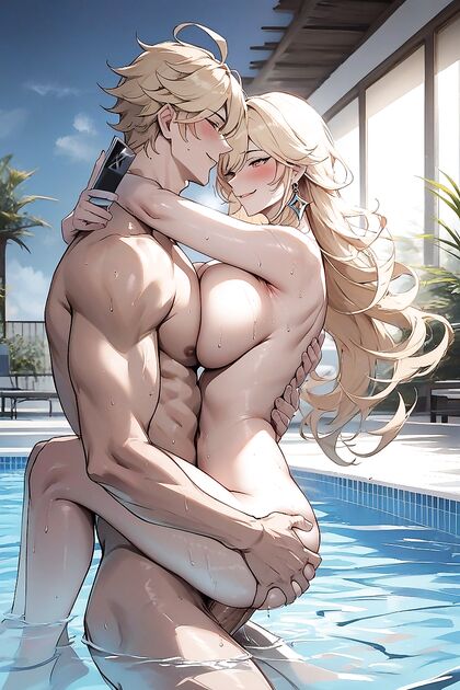 Blushing and Smirking, Partially Submerged in Seductive Hentai Detail