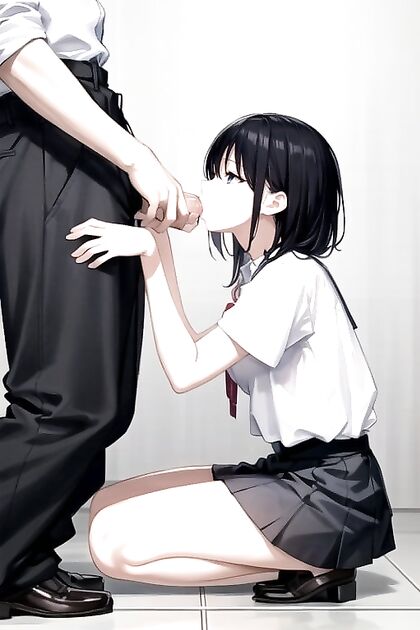 in Bra and Uniform Gives Mouth-Watering Blowjob in Hentai Image