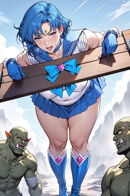 Fighting Head Orc in Knee-High Blue Boots While Bound in Pillory Pose Hentai