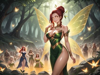 Fairy in Glowing Orange Outfit Surrounded by Crowds in hentai Picture