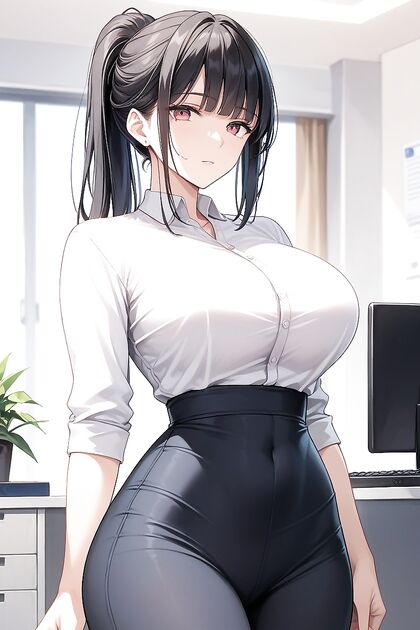 Tight Waist and Perfect Ponytail in Office Shirt Hentai Pleasure