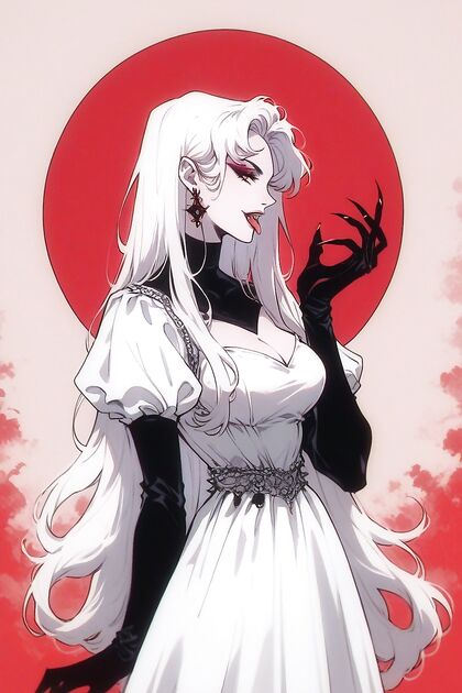 White-Haired Beauty in a Pure White Dress Strikes Lustful Poses in hentai AI Picture