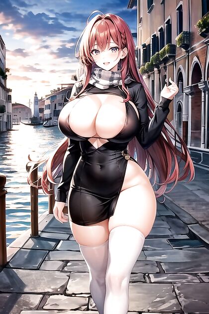 Red-Haired Beauty with Massive Breasts Wrapped in a Sexy Scarf Hentai Image