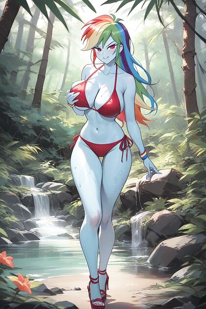 Rainbow Dash in Hot Wet Red Bikini Shows Off Big Breasts in Hentai Picture