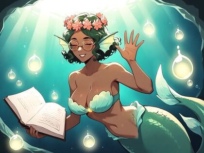 Neon-Green Mermaid Seduces in an Enchanting Underwater Library Hentai Image