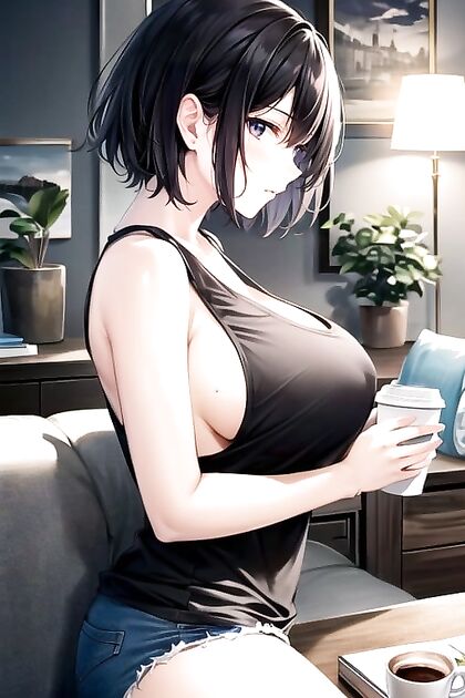 Black-Haired Beauty Shows Off Side Boobs in Living Room Hentai Picture