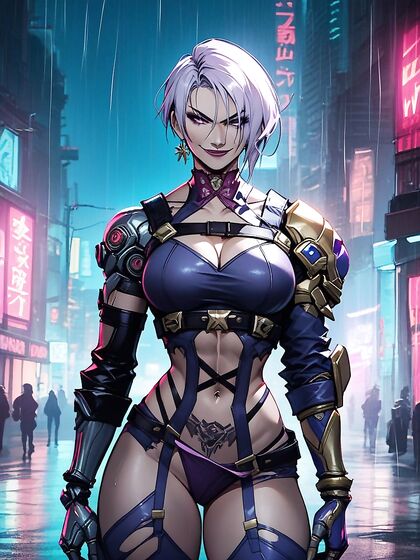 Purple-Eyed Beauty Smirks in Cyberpunk City for Steamy Hentai Picture