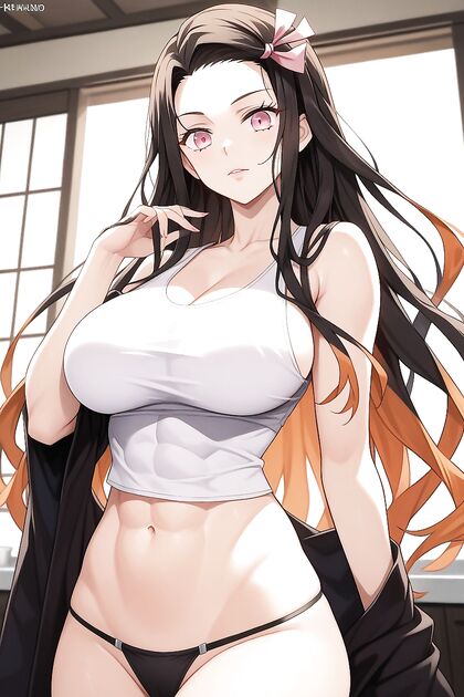 Nezuko from Demon Slayer Shows Off Her Abs in a Sleeveless T-Shirt Hentai Image