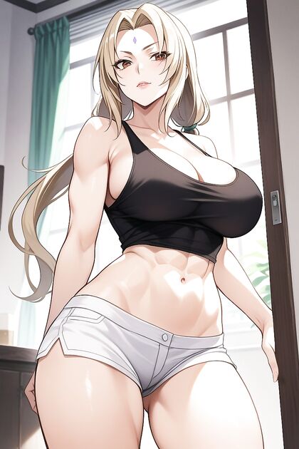 Huge Breasts and Round Ass in Sleek T-Shirt for Steamy Hentai Picture