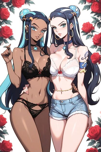Nessa from Pokémon and Nami from One Piece Enjoy Passionate Rose-Background Hentai Fun