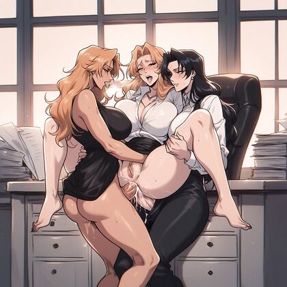 Two Tanned Futanari Fuck Pale Woman, Dripping Wet in Sweaty Hentai Picture