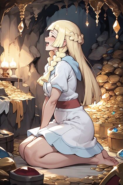 Kneeling Side View in a Treasure-Filled Moshy Cave for Hentai Pleasure