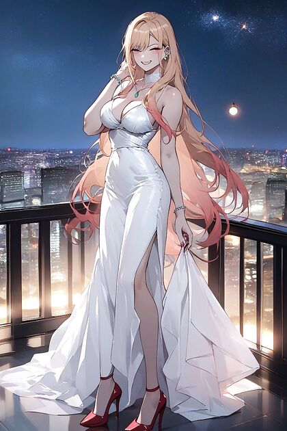 Kitagawa Marin in Red Silk Dress Seduces Under Moonlight in Sultry Hentai Images