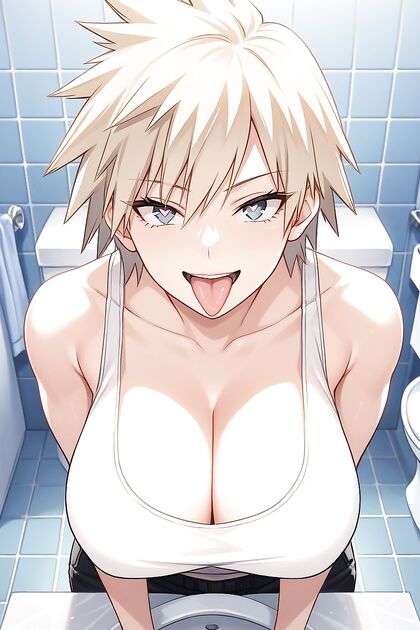 Smiling Wide in the Bathroom Mirror for Front-View Hentai Pleasure