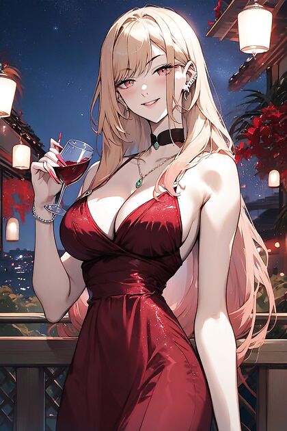 Kitagawa Marin Sips Red Wine in Silky Evening Dress for Steamy Hentai Pleasure