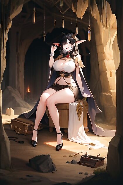 Exploring the Midnight Cave – Seductive Sitdown on a Treasure Chest in Full Body Hentai