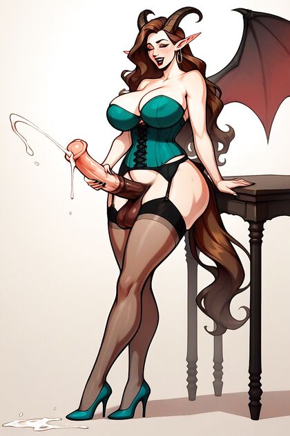 Futanari with Goat Horns and Teal Corset Rides Multiple Cocks in Hentai ecstasy