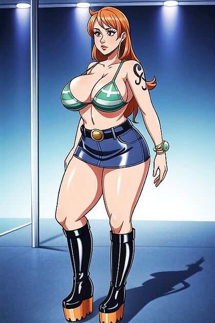 Huge Fake Bosoms on Display in No-Pants Side View Hentai Picture
