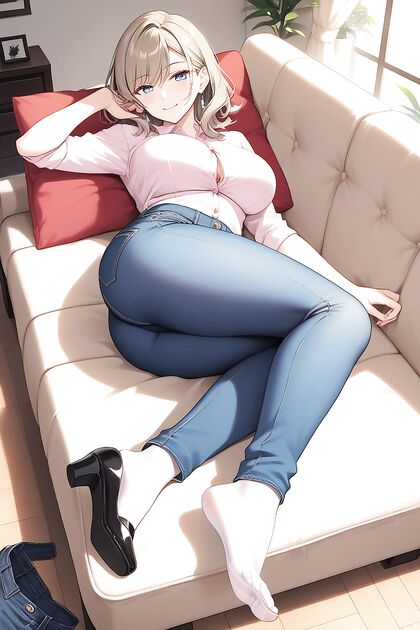 Pale Blue Eyes Seduce in Denim during  Living Room hentai Picture