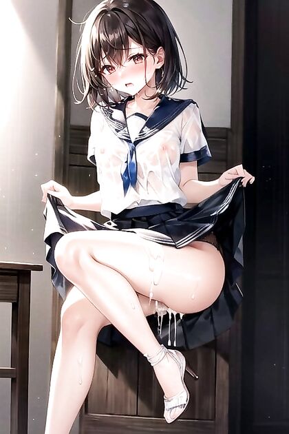 Pussy Cum and Shiny Skin Under the Lifting Skirt in Seductive Hentai Picture