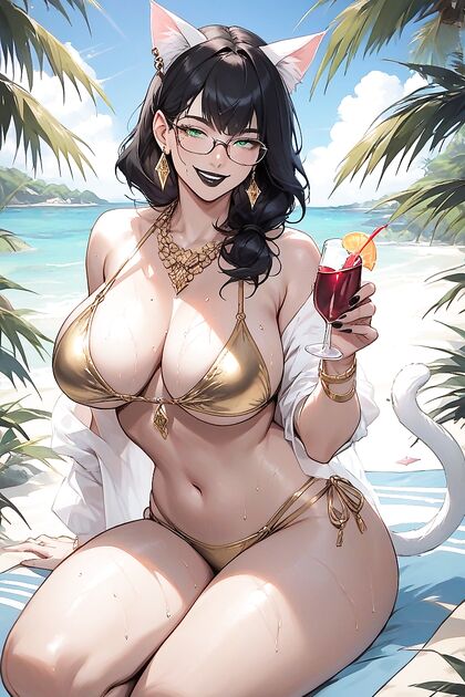 Black-Haired beauty with black lipstick and white cat ears in steamy hentai Picture
