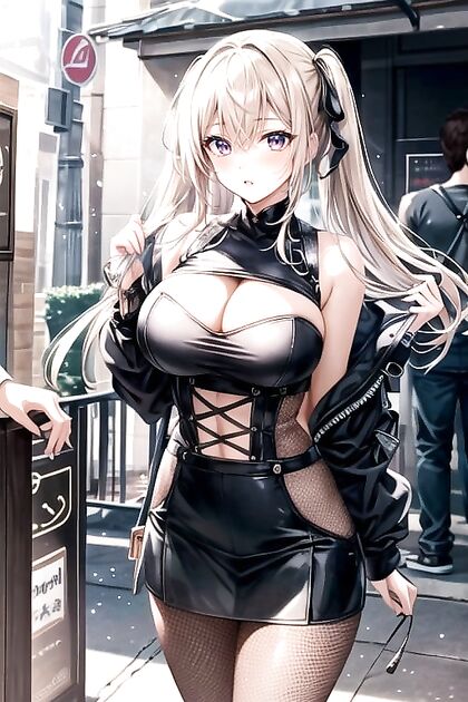 Hot Babe in Mini Skirt and Fishnets Drenched in Hentai Lust