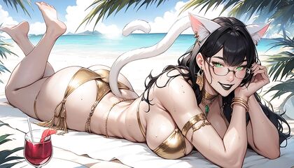 Seductive Green-Eyed Beauty with Curvy Assets and a Playful White Cat Tail
