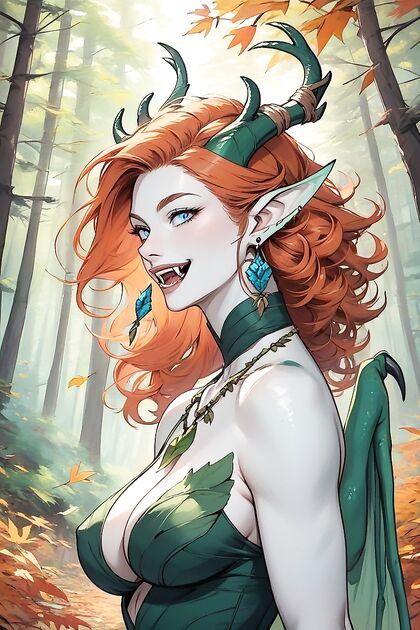 Green Dragon Tail and Forest Deer Horns Tease Her Large Ass in Hentai Picture