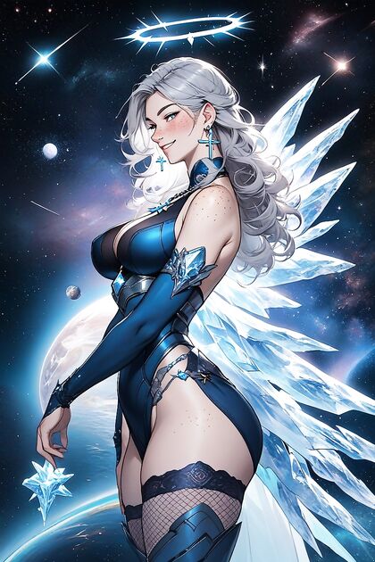 Freckled Beauty with Earrings and Blue Fishnets in Seductive Hentai Picture