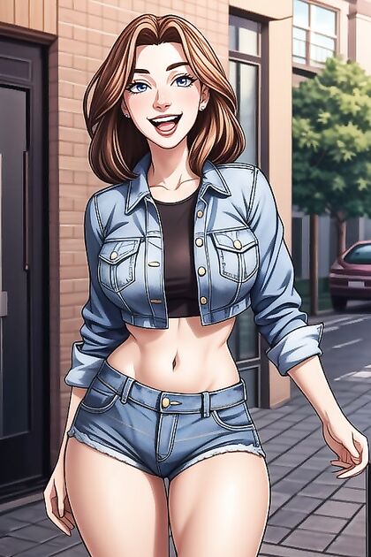 American Hentai Beauty in Jacket and Jean Shorts Teases with Seductive Moves