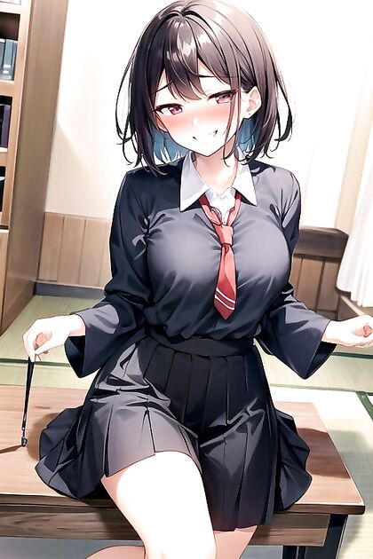 Mischievous Smile and School Uniform – Black-Haired Beauty in hentai AI Picture