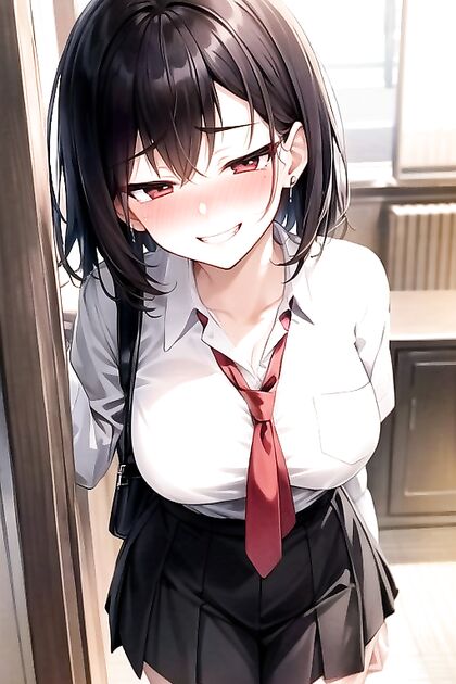 Mischievously Smiling Blushy Babe with Black Hair in Sexy Hentai Images