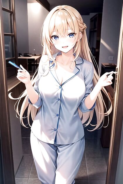 Blonde Beauty in Blue-Eyed Seduction Wears Sexy Pyjamas for Naughty Hentai Fun