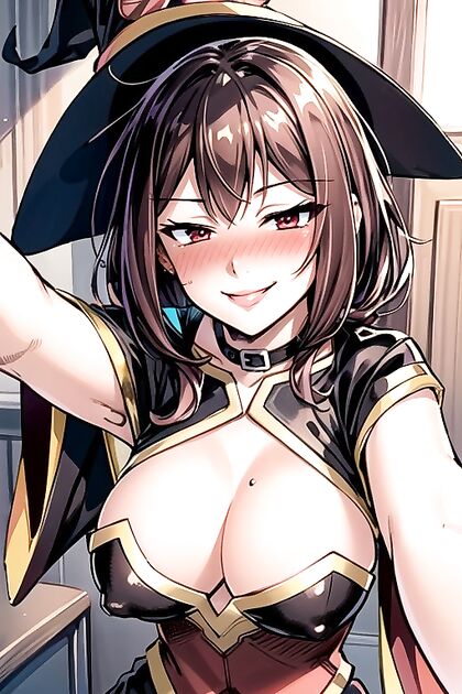 Mischievously Smiling and Blushing Black-Haired Girl 18+ in High-Angle Hentai Picture