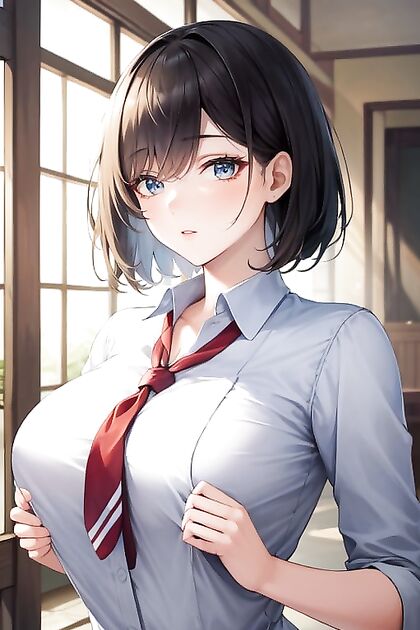 Short-Haired Girl 18+ in School Uniform Shows Off Round Breasts in Hentai Picture